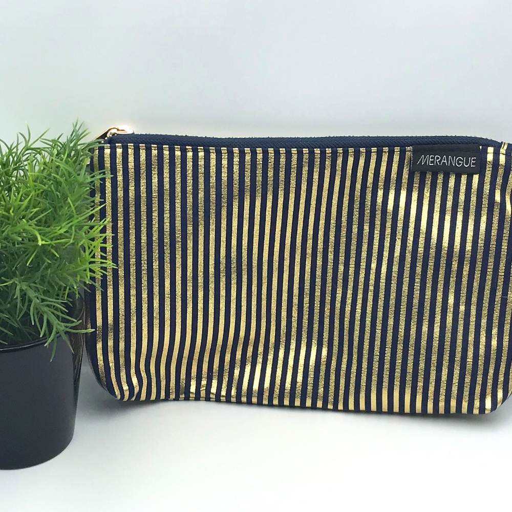 NWOT Merangue Black & Gold Striped Make Up Bag